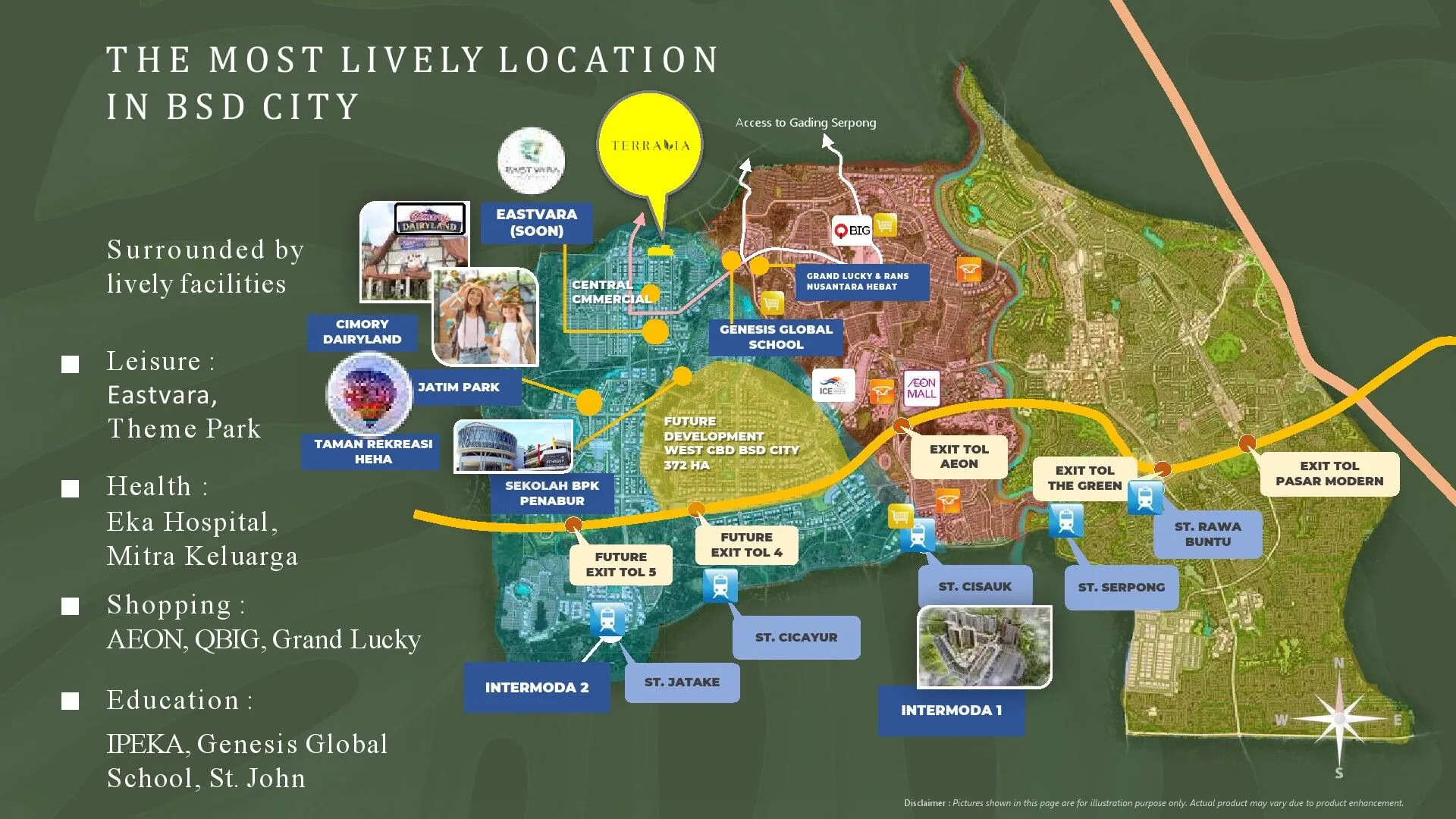 Peta kawasan BSD City dengan akses tol, stasiun, sekolah, rumah sakit, dan fasilitas hunian
