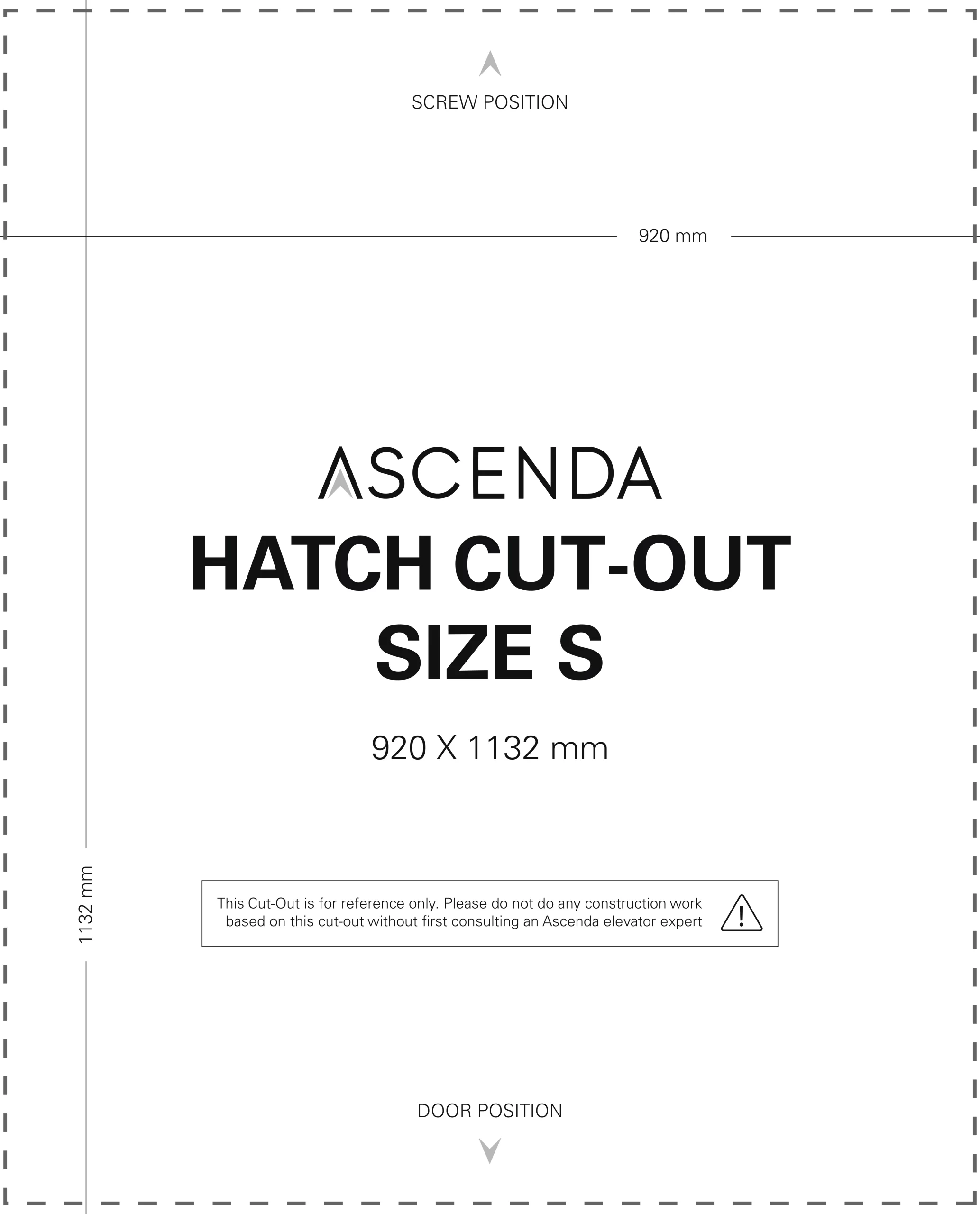 Lift Rumah Terkecil di Indonesia | Ascenda Size S 8 Diagram ukuran cut-out Ascenda Size S sebesar 920 x 1132 mm dengan posisi pintu dan screw lift.