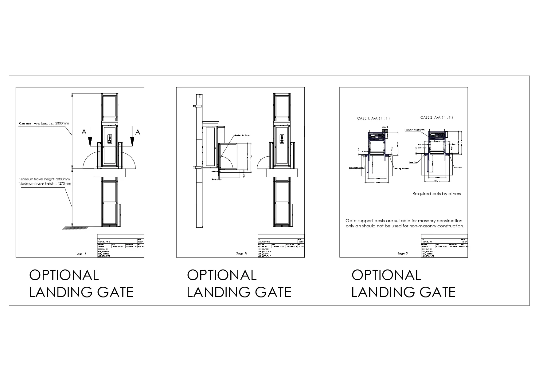 Lift Rumah Terkecil di Indonesia | Ascenda Size S 9 Gambar teknis optional landing gate Ascenda dengan tampak depan, tampak samping, ukuran cut-out lantai, dan kebutuhan ruang pemasangan.